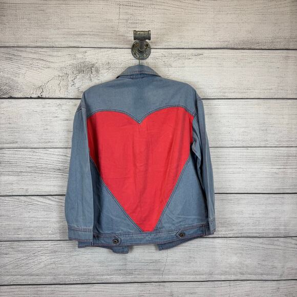 Oddy Women's Blue Jean Pink Heart Back Basic Denim Jacket Size Small - Picture 5 of 7